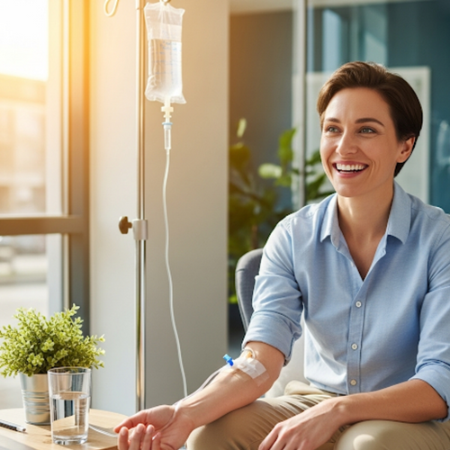 A person feeling revitalized after receiving post-op IV care.