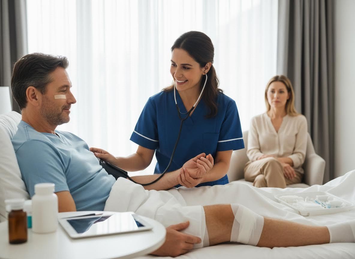 Nurse Checking Patient's Blood Pressure in Hospital Room