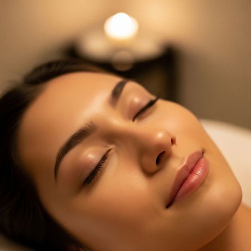 A close-up of a person’s face with their eyes closed, looking deeply relaxed. A close-up of a person’s face with their eyes closed, looking deeply relaxed.
