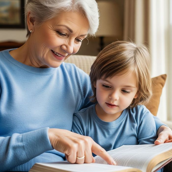 Older woman and young kid reading the bible