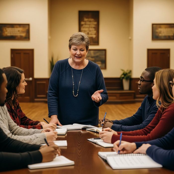 Church volunteer leading a discipleship discussion in a small group.