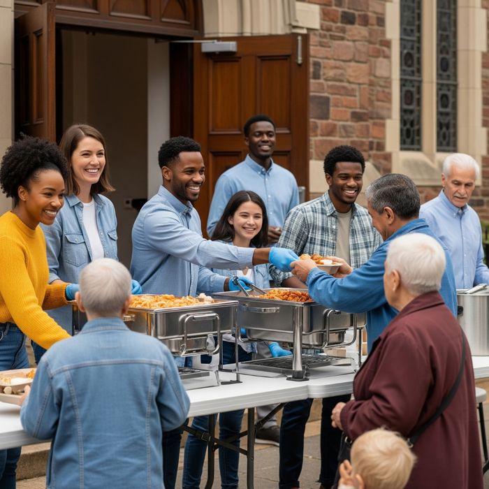 Church members serving at a local outreach event to connect with the community.