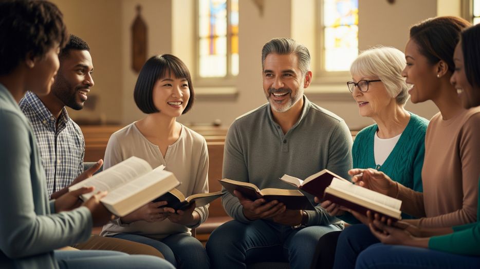 Church members gathered in a Bible study circle