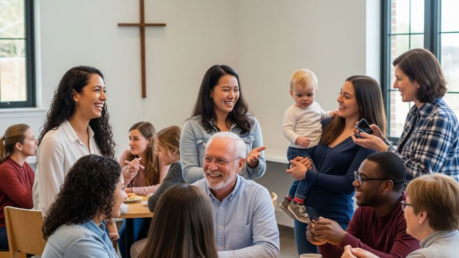 Group of people in church lobby 