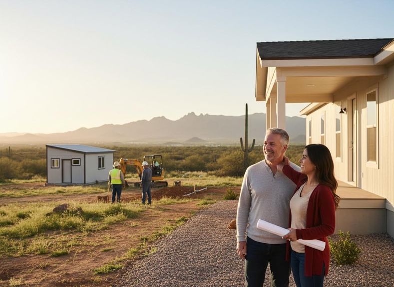 Couple admiring new home construction in a desert landscape
