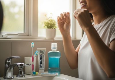 A woman stands in a bathroom, flossing her teeth. In the foreground, a sink holds a toothbrush, toothpaste, and mouthwash, illuminated by natural light streaming through a window. Woman Flossing Teeth in Bathroom