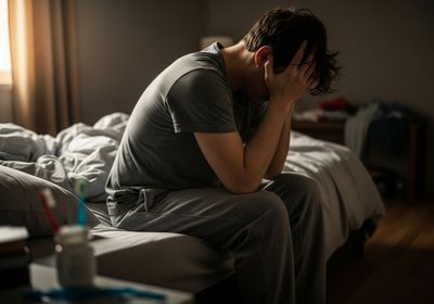 Man Sitting on Bed with Head in Hands