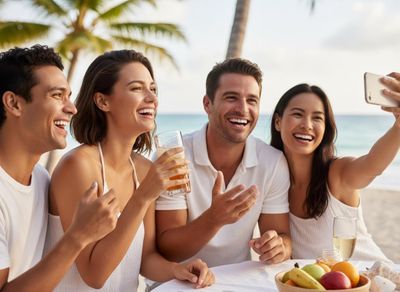 Four happy friends enjoying drinks and fruit at a table on a sandy beach, laughing as one woman takes a selfie. Friends laughing and taking a selfie on a beach vacation.
