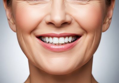 Close-up of a smiling woman showcasing healthy white teeth and well-moisturized pink lips. Smiling woman with perfect teeth