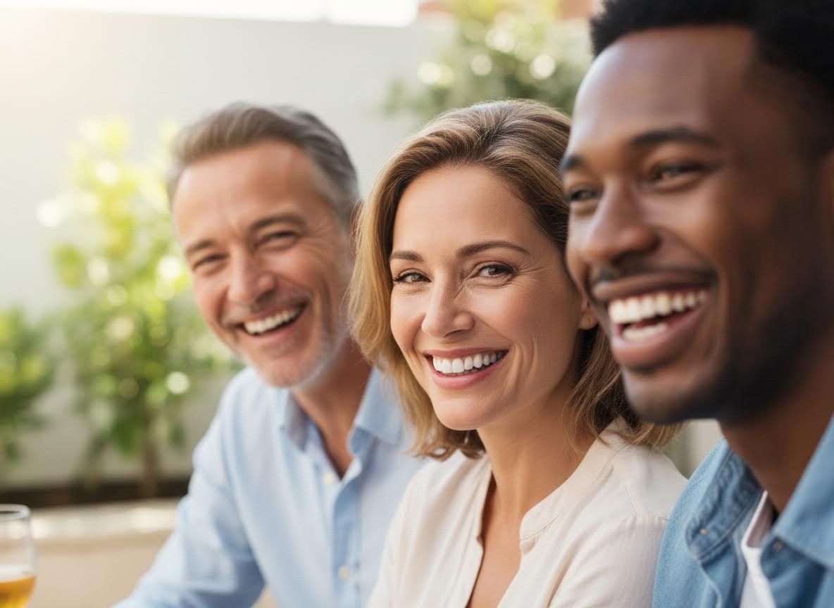 Three diverse adults laughing outdoors