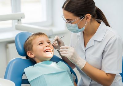 Young boy smiling during dental checkup