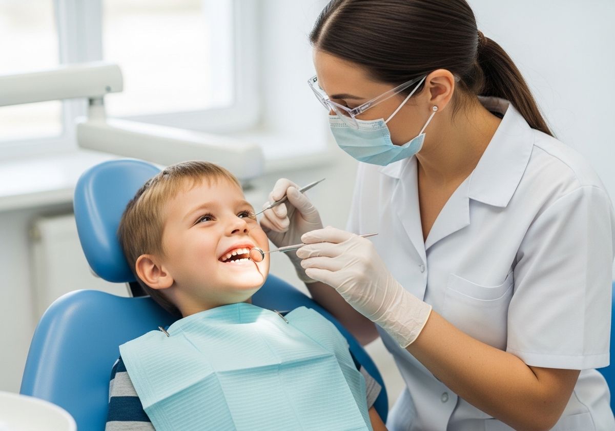 Young boy smiling during dental checkup