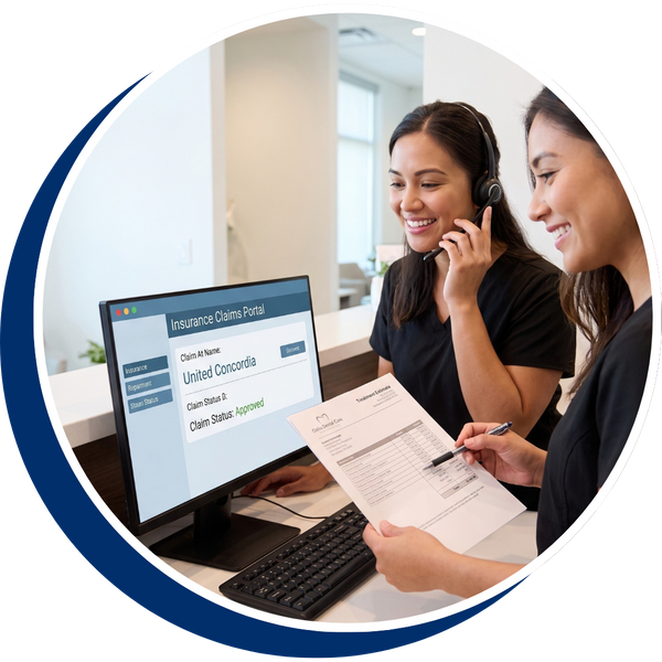 The Oahu Dental Care reception team successfully processes a United Concordia claim, ensuring transparent and affordable care.