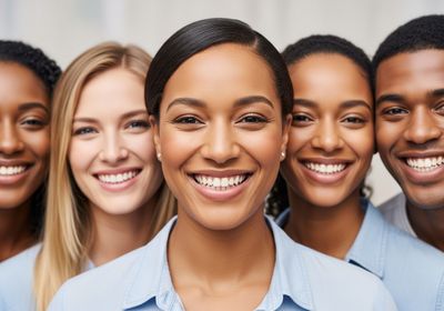 A close-up of five diverse individuals smiling brightly at the camera. The group includes people of African, European, and mixed ethnicities, all wearing light blue shirts. Their expressions convey happiness and unity, set against a soft, neutral background. Diverse Group of Smiling Professionals