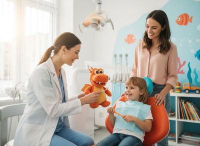 A friendly female dentist uses a dragon toy to show a smiling young girl how to brush her teeth. Her mother watches happily. Pediatric Dentist Teaches Child Brushing Techniques