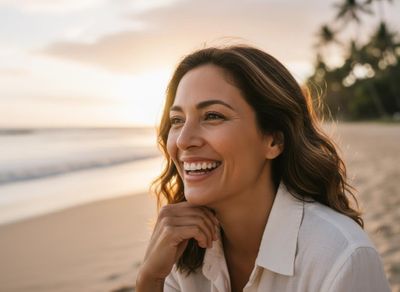 A happy woman with brown hair smiles broadly while looking out at the ocean on a sandy beach during sunset, with a warm glow from the sun. Smiling Woman on Beach at Sunset