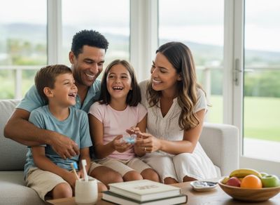 A diverse family of four, including parents and two children, smiling and laughing on a couch. The daughter holds a clear dental aligner case. Happy Family Laughing with Dental Appliance