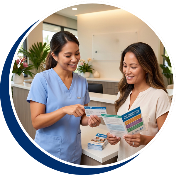 Square stock photograph taken inside the modern Oahu Dental Care reception area in Pearl City, showing a smiling receptionist helping a female patient maximize her HMSA benefits by explaining details on her insurance card and a brochure.