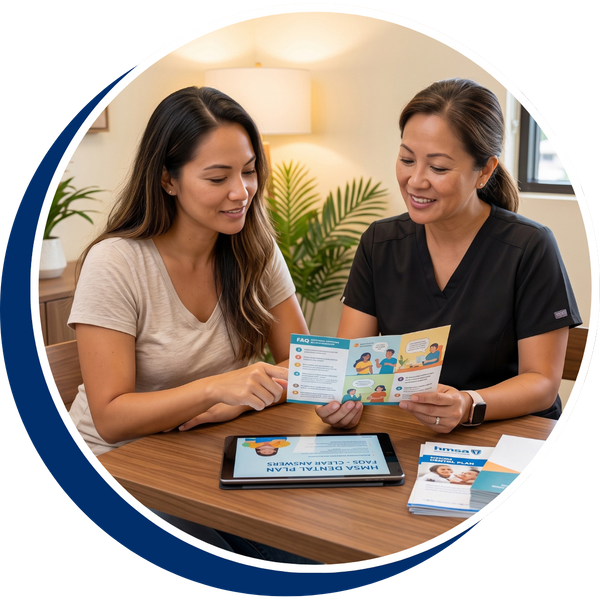 Square stock photograph taken in a comfortable consultation room at Oahu Dental Care in Pearl City, showing a compassionate front desk coordinator helping a patient understand frequently asked questions about her HMSA insurance coverage using a pamphlet an