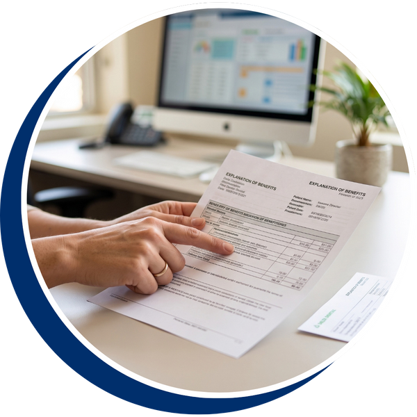 A compassionate Pearl City dental receptionist explaining coverage details on a standard dental insurance form, ensuring a gentle and welcoming experience.