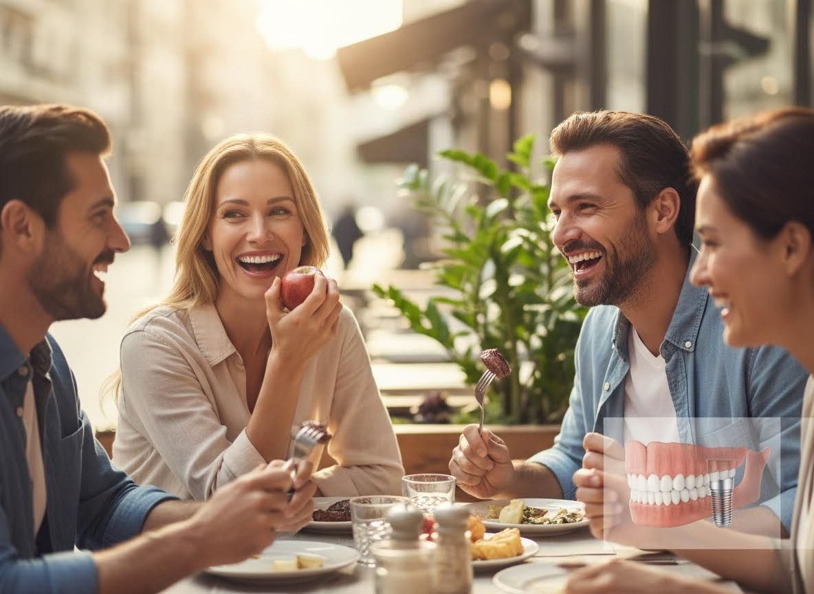 Friends enjoying a meal at an outdoor cafe with a dental implant graphic