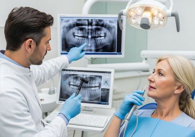 A dentist in a white coat and blue gloves points to a dental x-ray on a monitor while discussing the results with a blonde woman patient in a dental chair, holding a dental tool near her mouth. Another monitor displays a similar x-ray, under a bright examination light. Dentist Reviewing X-Ray with Patient