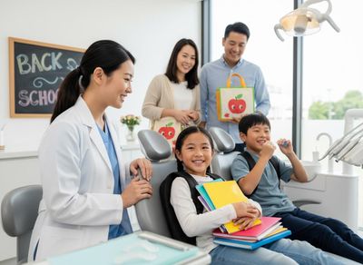 A dentist smiles at two children in dental chairs, a girl holding books and a boy with a toothbrush. Parents stand by with apple bags and a 'BACK 2 SCHOOL' sign is in the background. Back to School Dental Check-up for Kids