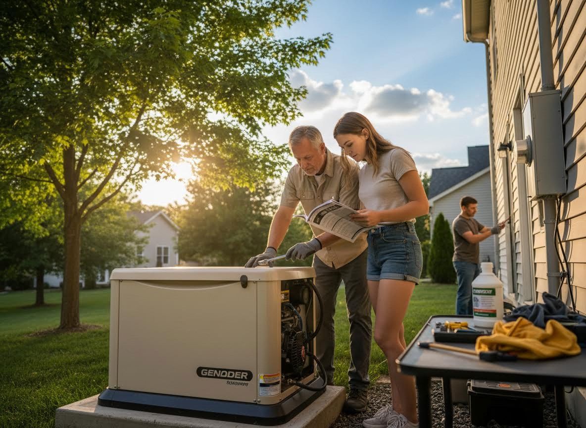 Man and Woman Working on Home Standby Generator