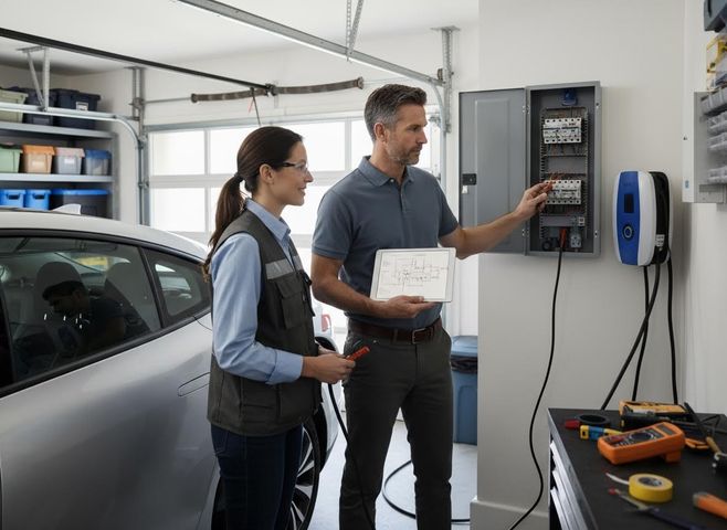 Two technicians, a man and a woman, installing an EV charging station in a garage next to a silver electric car, checking an electrical panel with a tablet showing a diagram. Electric Vehicle Charger Installation in Residential Garage