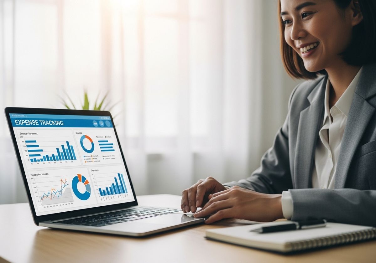 Woman Tracking Expenses on Laptop