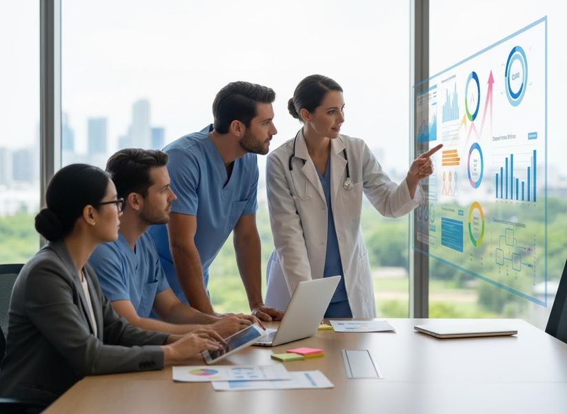 Healthcare Professionals Reviewing Medical Data on Transparent Screen
