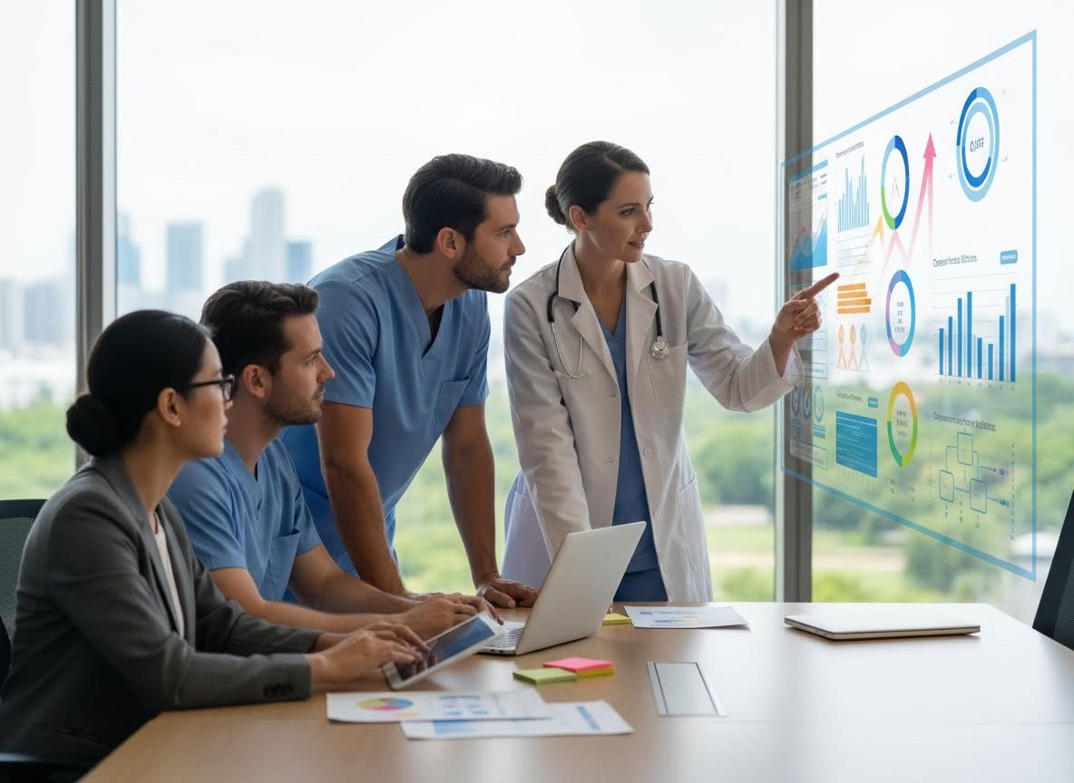 Healthcare Professionals Reviewing Medical Data on Transparent Screen