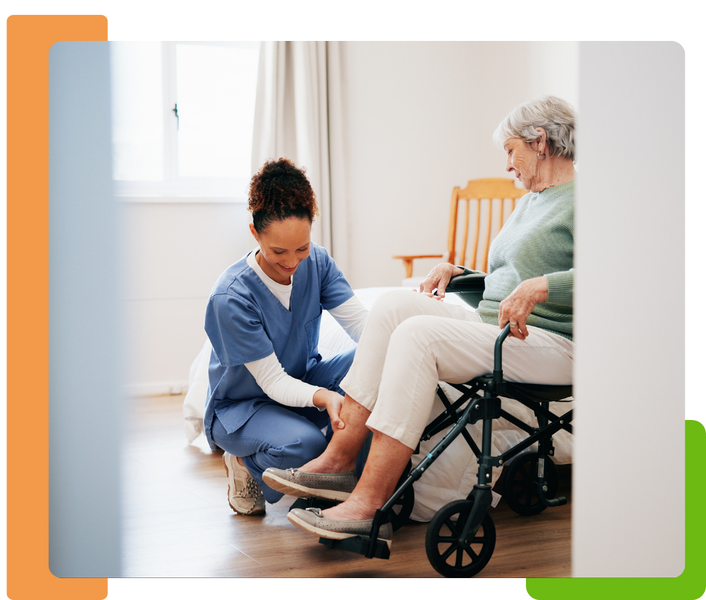 a nurse helping an elderly woman get into a wheelchair