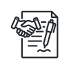 black icon of a piece of paper and a pen, with hands shaking as if to make a deal black icon of a piece of paper and a pen, with hands shaking as if to make a deal