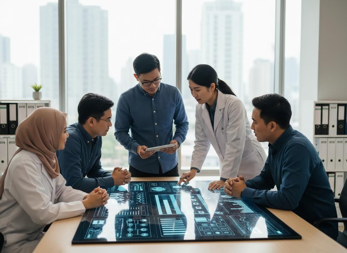 Diverse Team Collaborating with Interactive Data Display