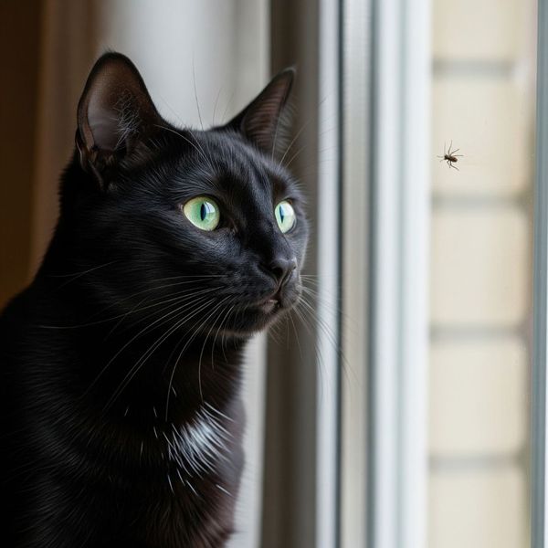 A house cat looking out a window at a mosquito