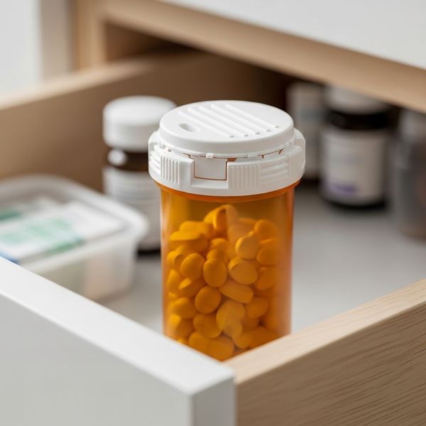 A close-up of a child-resistant pill bottle being stored safely