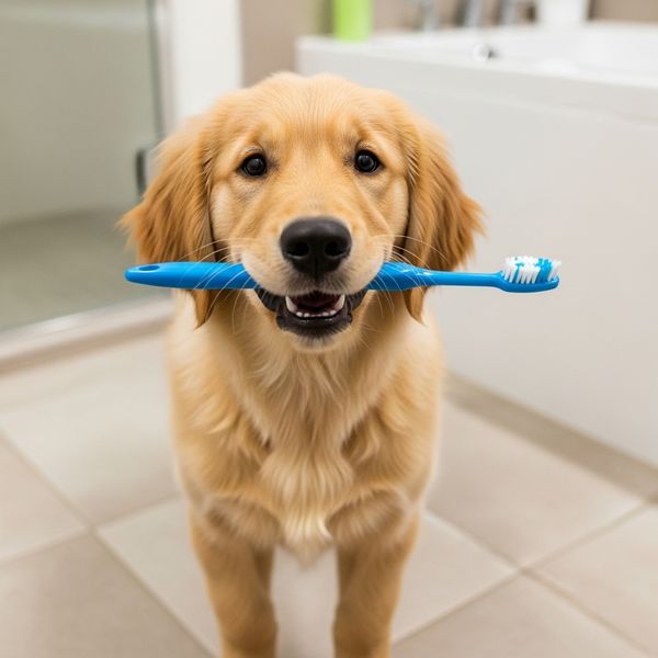 puppy holding a toothbrush in its mouth