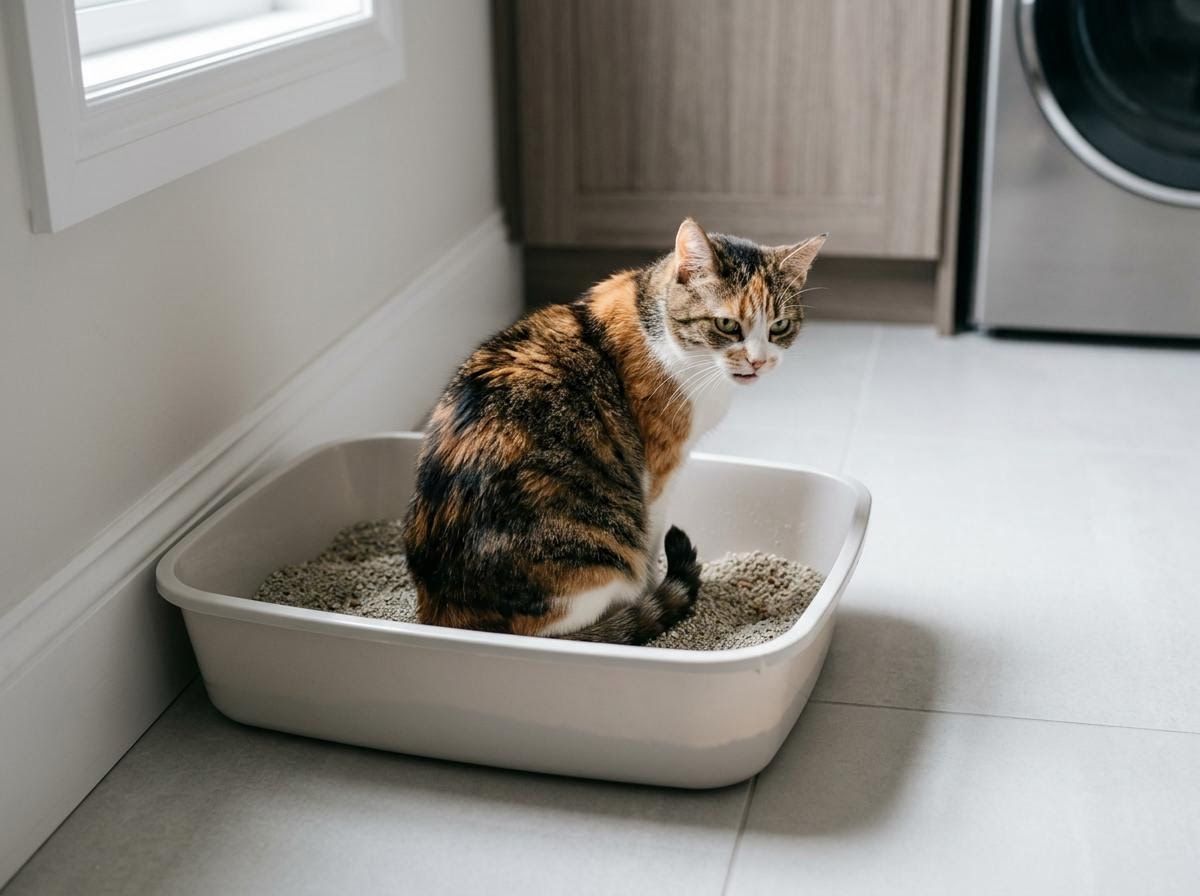 Calico Cat in Litter Box