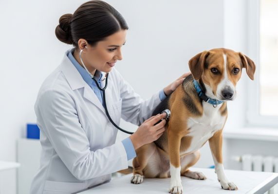 Veterinarian examining dog with stethoscope