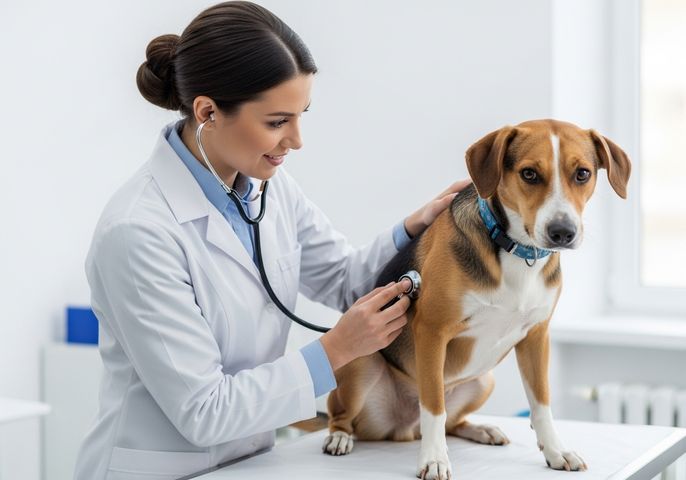 Veterinarian examining dog with stethoscope