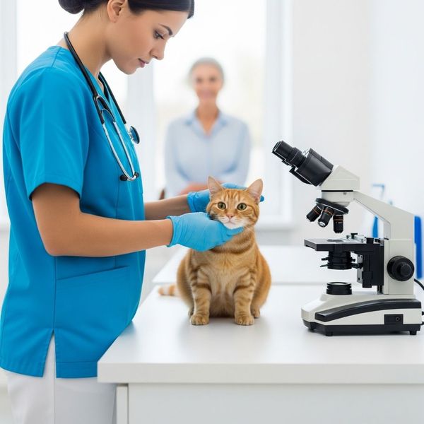 A veterinarian examining a pet for parasites