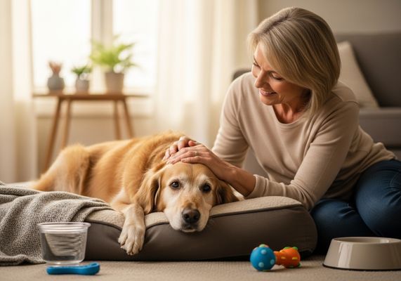 Senior woman petting her Golden Retriever