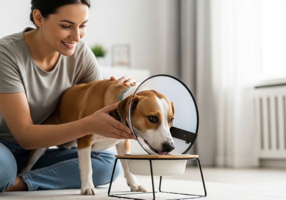 Woman Caring for Dog with Cone