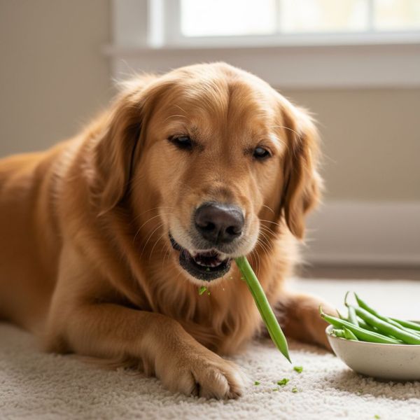 A dog eating a green bean.