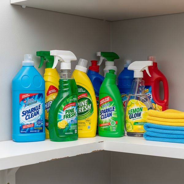 Cleaning product bottles are secured inside a cabinet