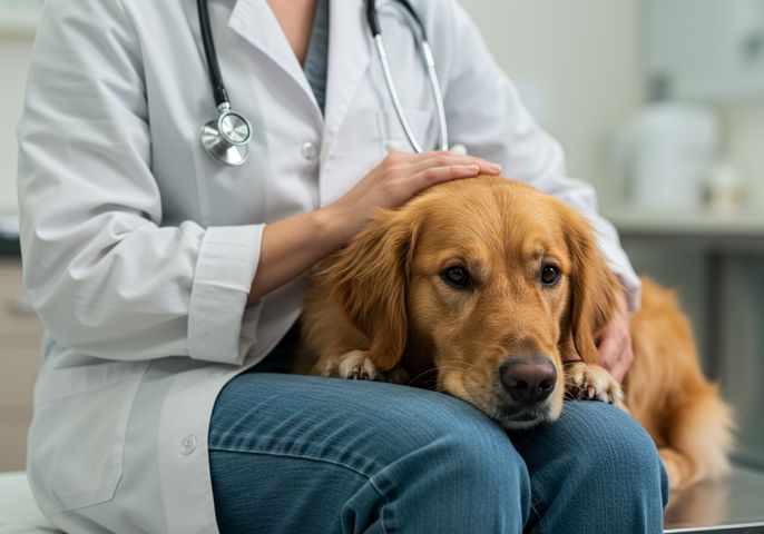 veterinarian gently cradles a relaxed golden retriever in a brightly lit, modern exam room
