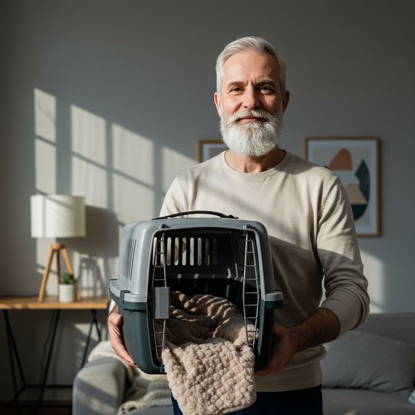 Owner placing a blanket inside a pet carrier at home