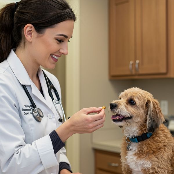 Veterinary technician giving a treat to a small dog