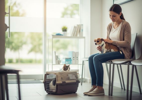 Woman with Dog and Cat at Veterinary Clinic